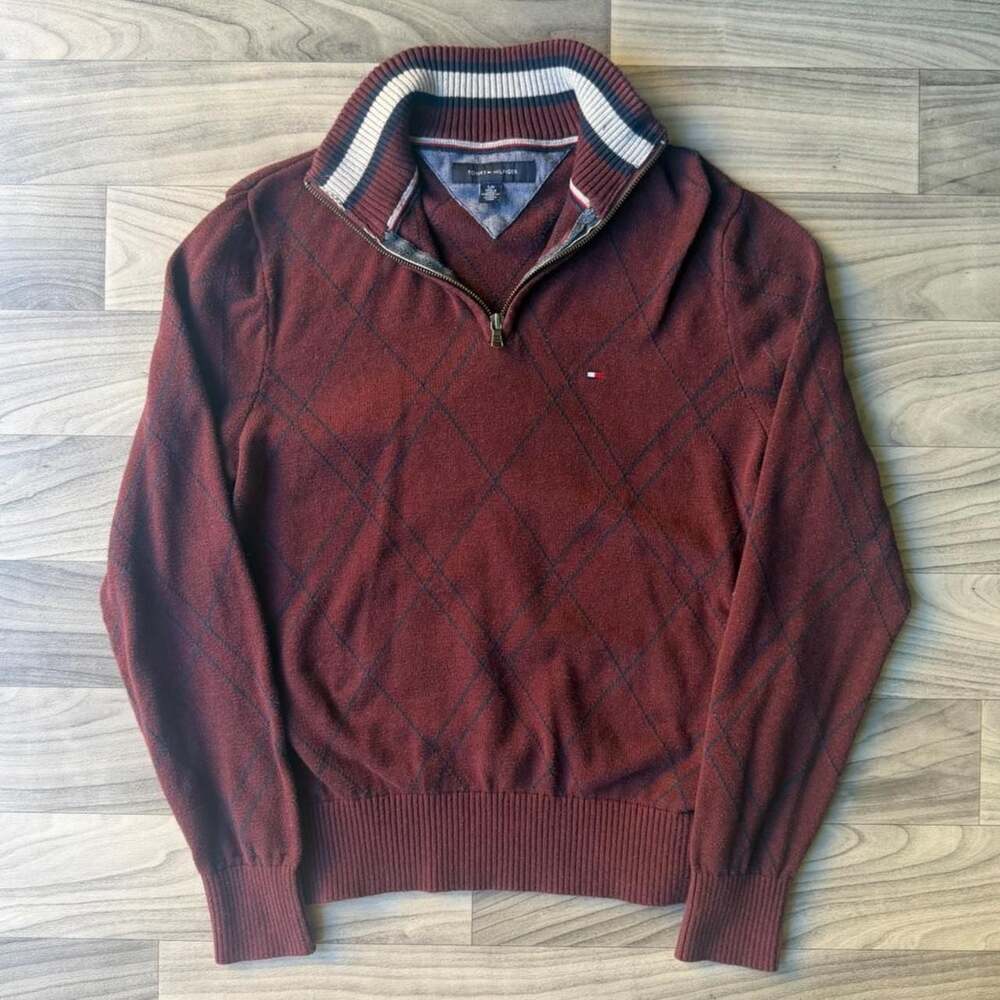 Tommy Hilfiger Argyle Quarter Zip Sweater Burgundy